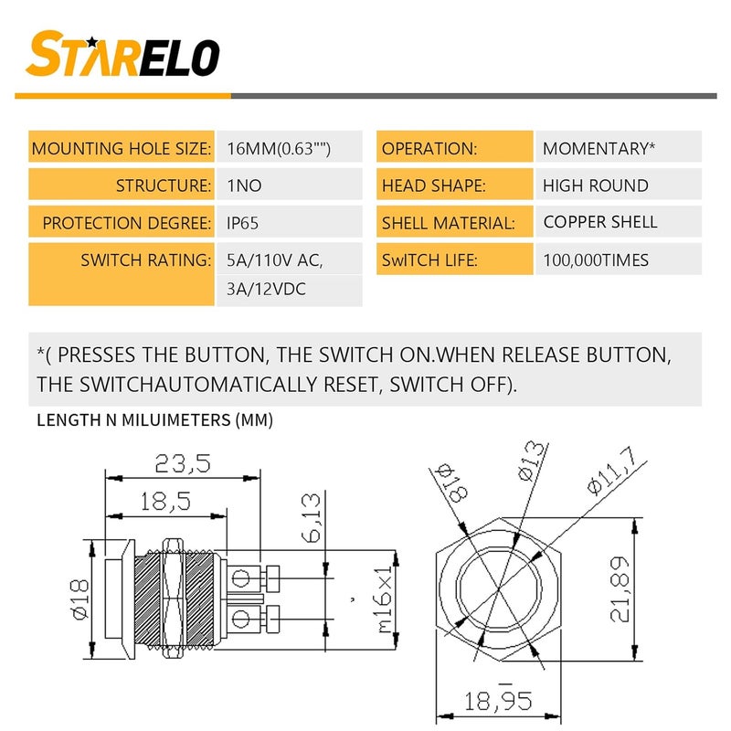 STARELO 5pcs 16mm Momentary Push Button Switch Sliver Shell, IP65 Waterproof Push Button Switch,Copper Shell 1 Normally Open without LED. - Image 3